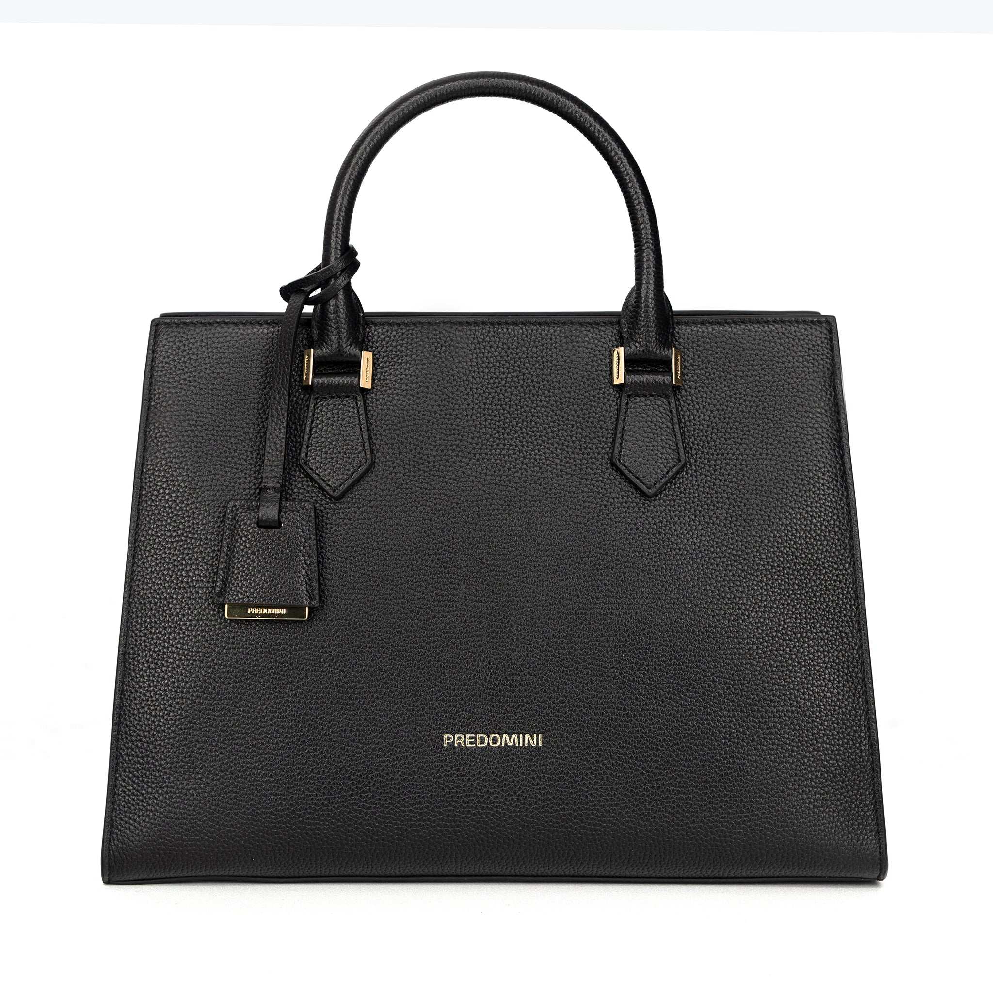 Black full grain leather handbag with gold accents on a white background