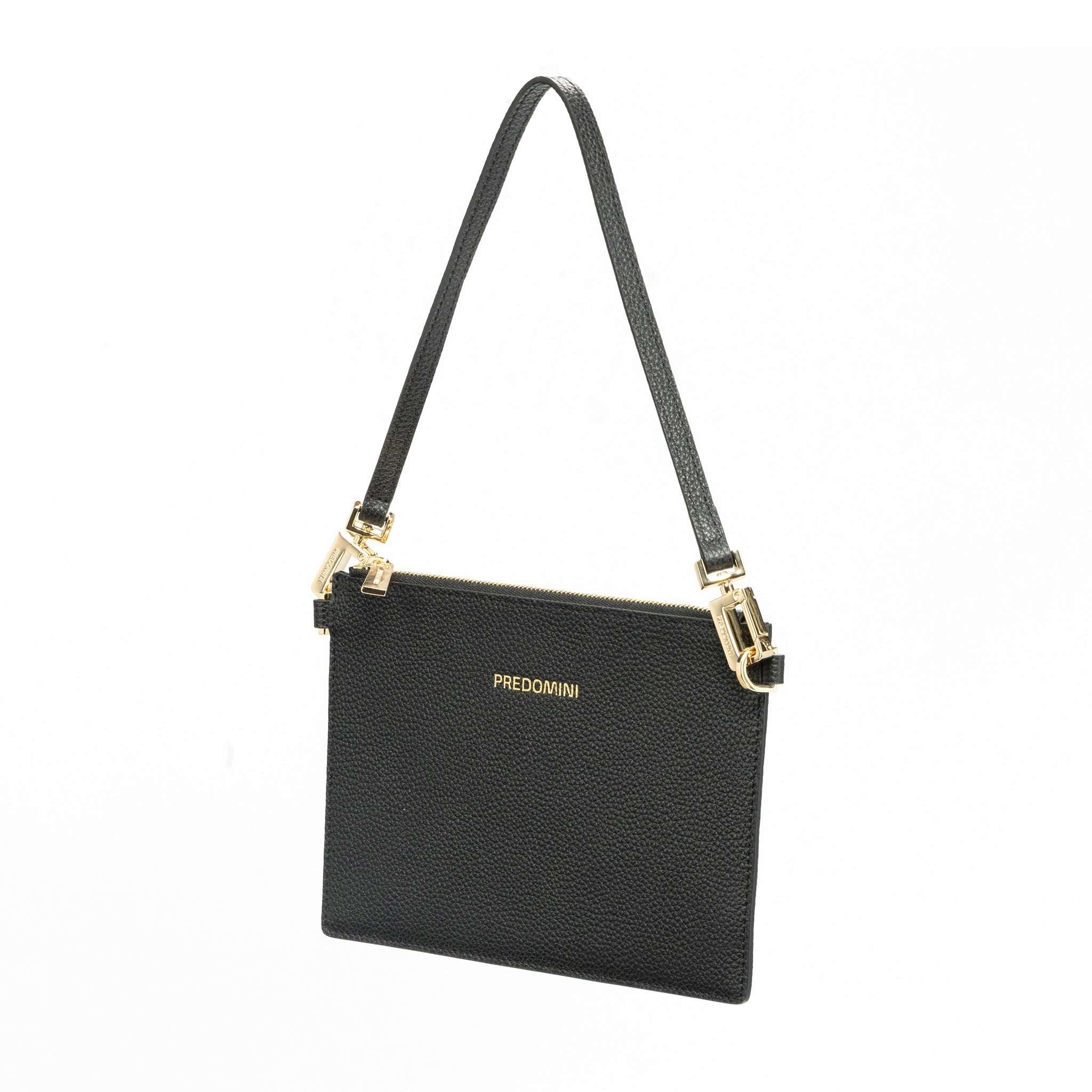 Black handbag with a strap on a white background