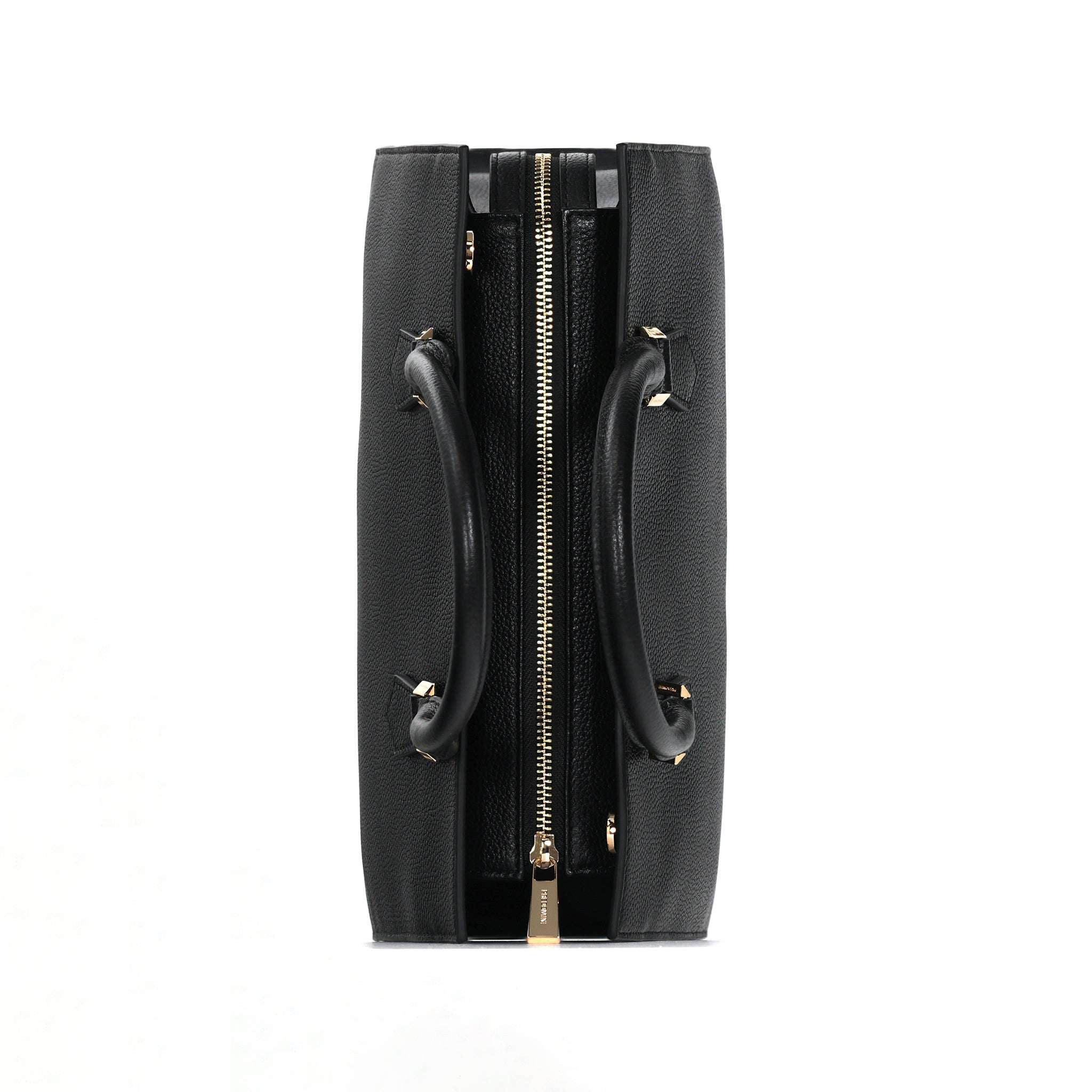 Black leather handbag with gold zipper on a white background