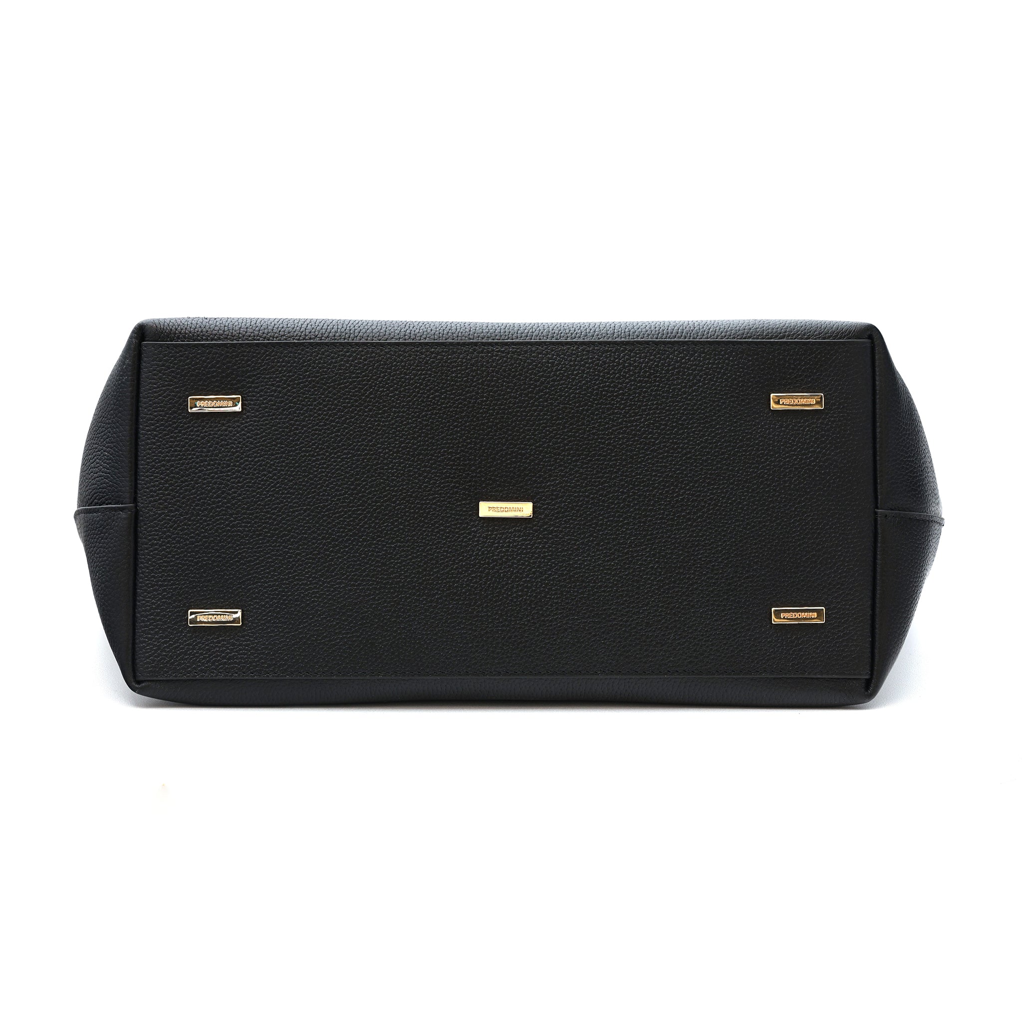 Black luxury handbag bottom with gold accents on a white background