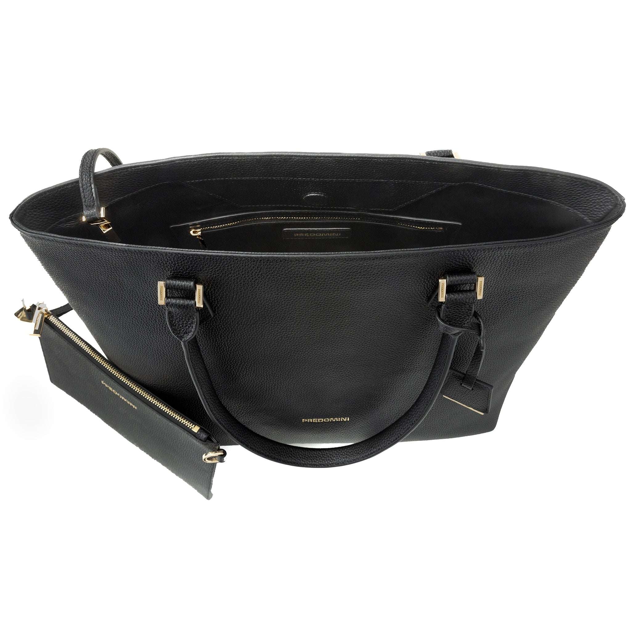 Black shopper handbag with gold accents on a white background