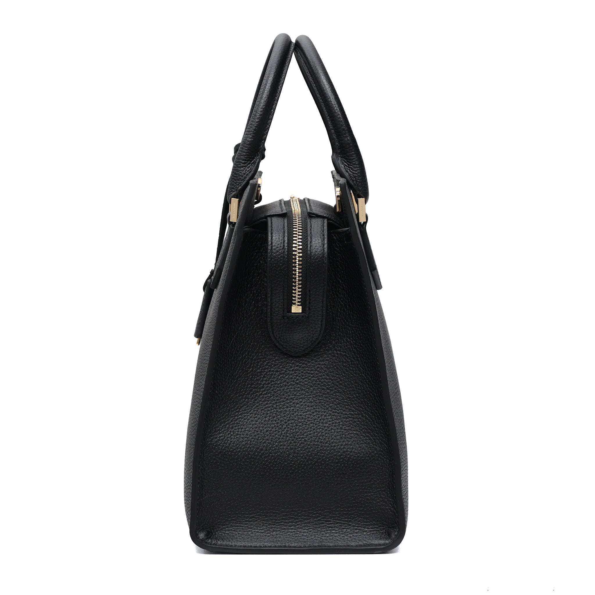 Profile of black full grain leather handbag with gold zipper on a white background