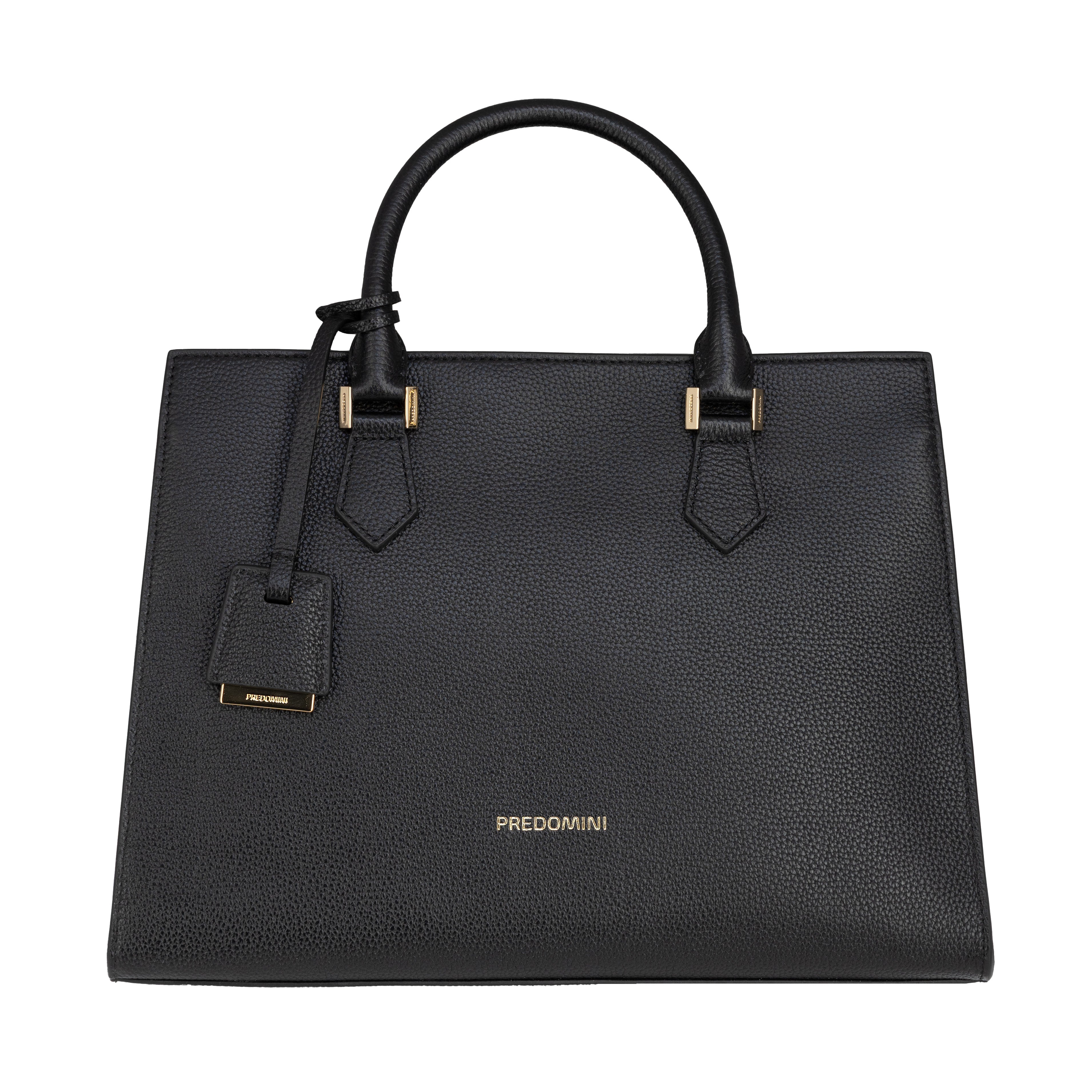 Black luxury handbag with gold accents on a white background